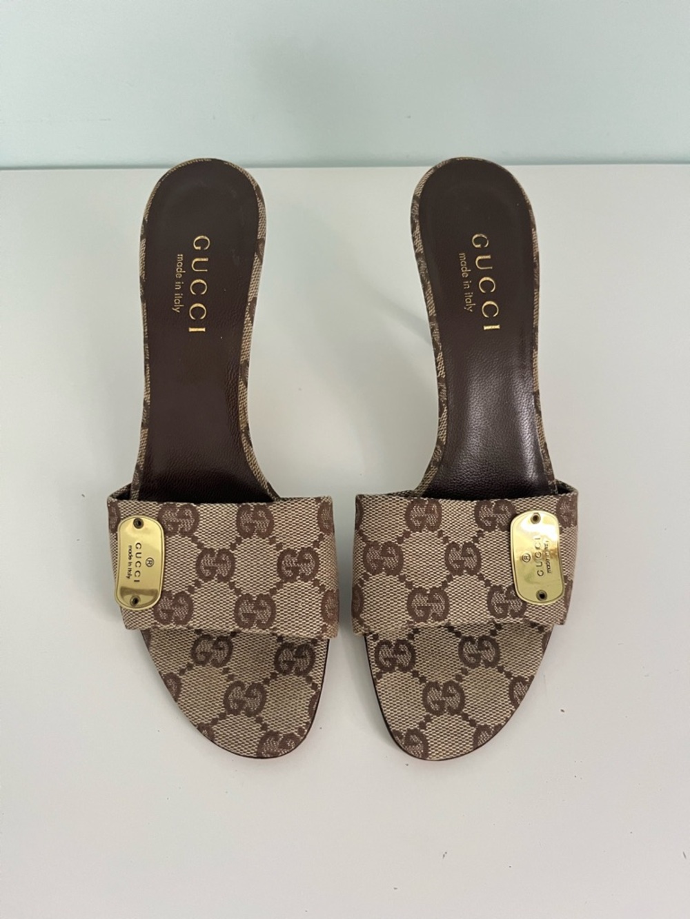 Gucci Beige Brown GG Canvas Slide Mules with Gold Plaques
